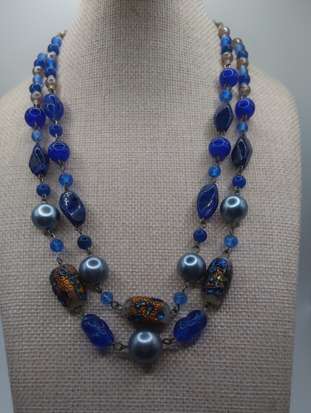 Japan Cobalt Blue Glass Two Strand Necklace